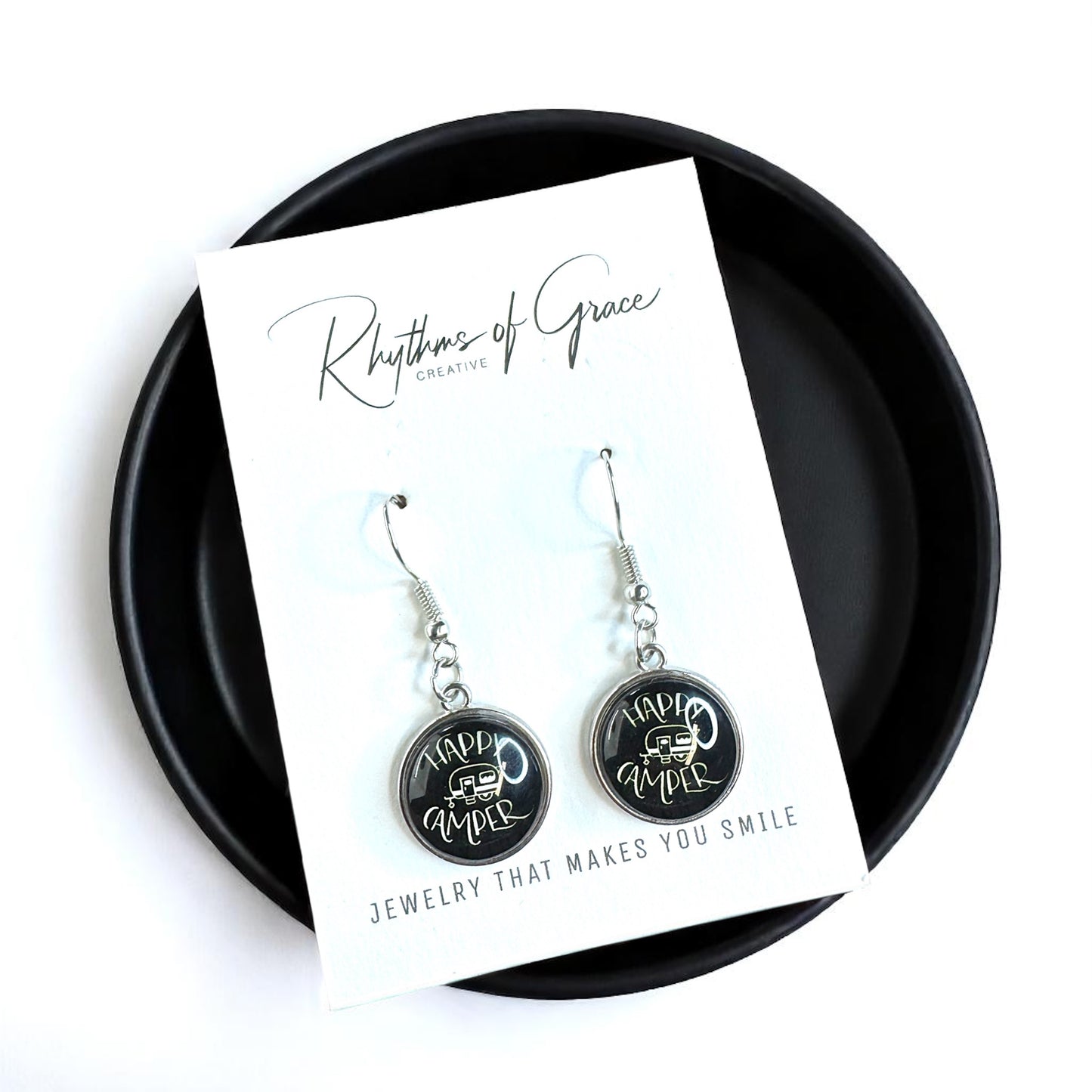 Embrace the Journey with "Happy Camper" Cabochon Dangle Earrings