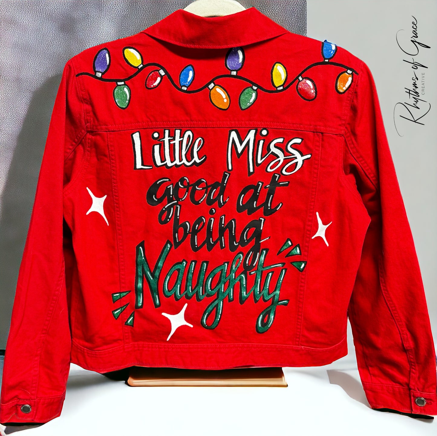 Hand Painted Jean Jacket: “Little Miss Good At Being Naughty”