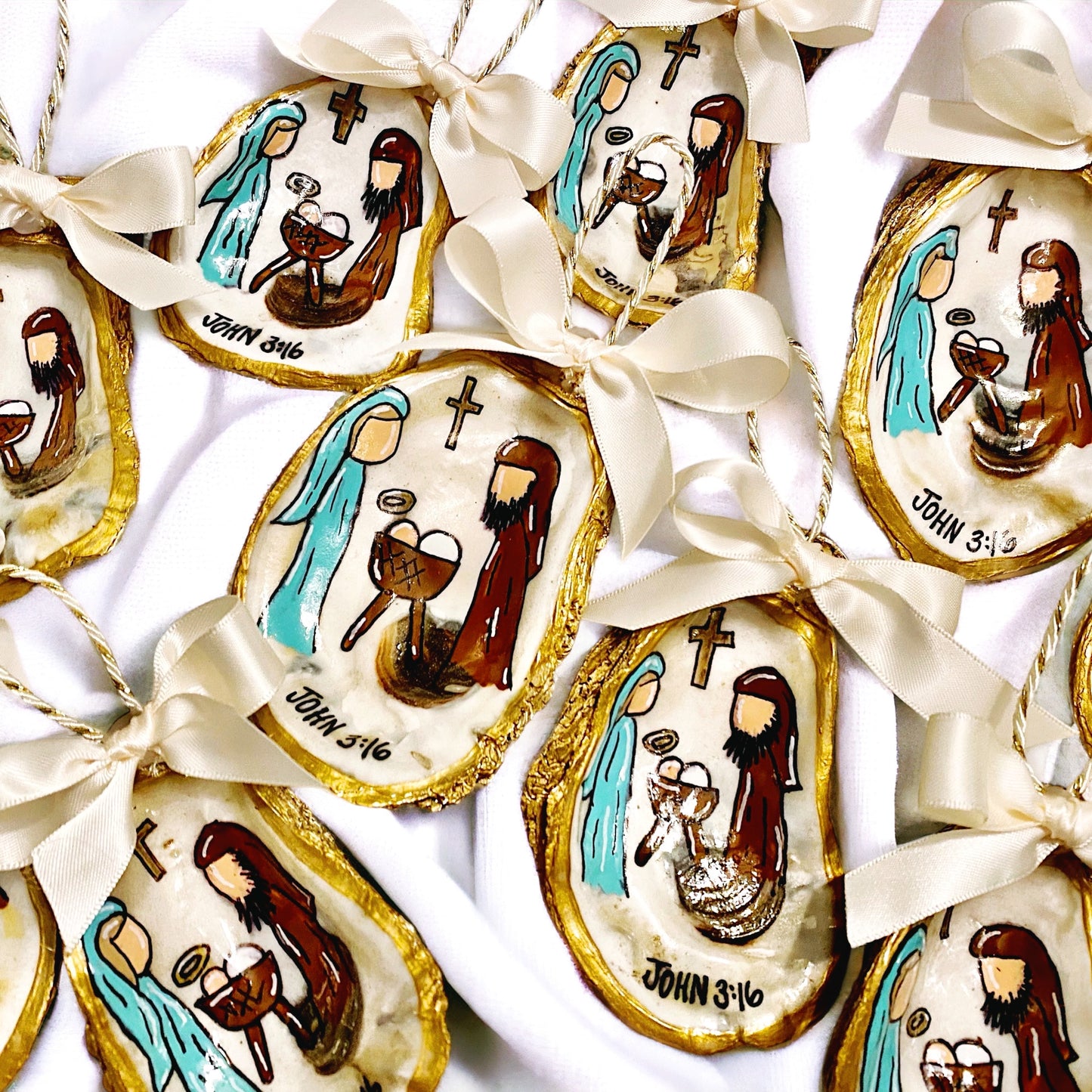 Hand-Painted Oyster Shell Christmas Ornament: "John 3:16"