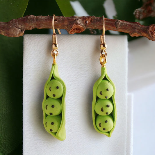 Pea Pod Earrings - Three Peas in a Pod, Snow Peas, Pea Pod Accessories, Veggie Earrings, Handmade Earrings
