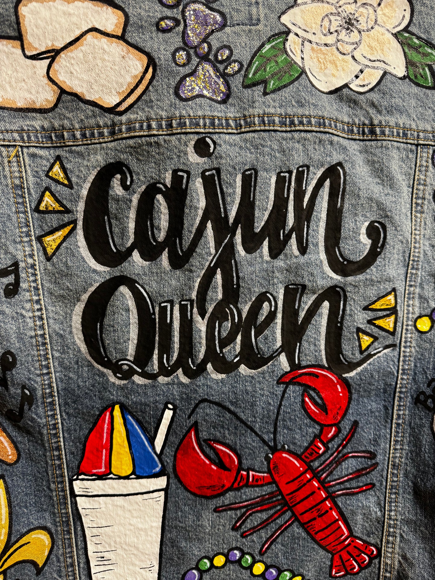 Hand Painted Jean Jacket - Cajun Queen, Crawfish, Mardi Gras, Mardi Gras Jacket, New Orleans, Purple Green Gold, Mardi Gras, Parade Outfit