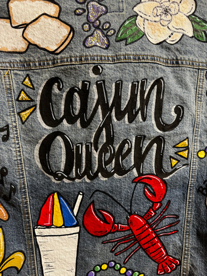 Hand Painted Jean Jacket - Cajun Queen, Crawfish, Mardi Gras, Mardi Gras Jacket, New Orleans, Purple Green Gold, Mardi Gras, Parade Outfit