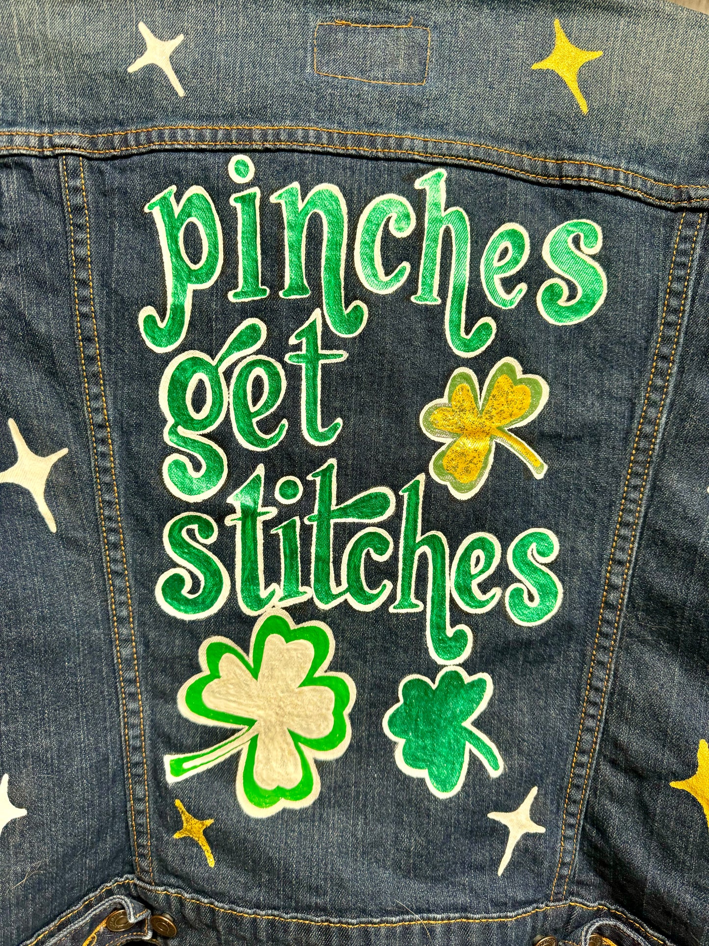 Hand Painted Jean Jacket: “Pinches Get Stitches”, St Patrick’s Day Jacket, Hand Painted, Shamrock