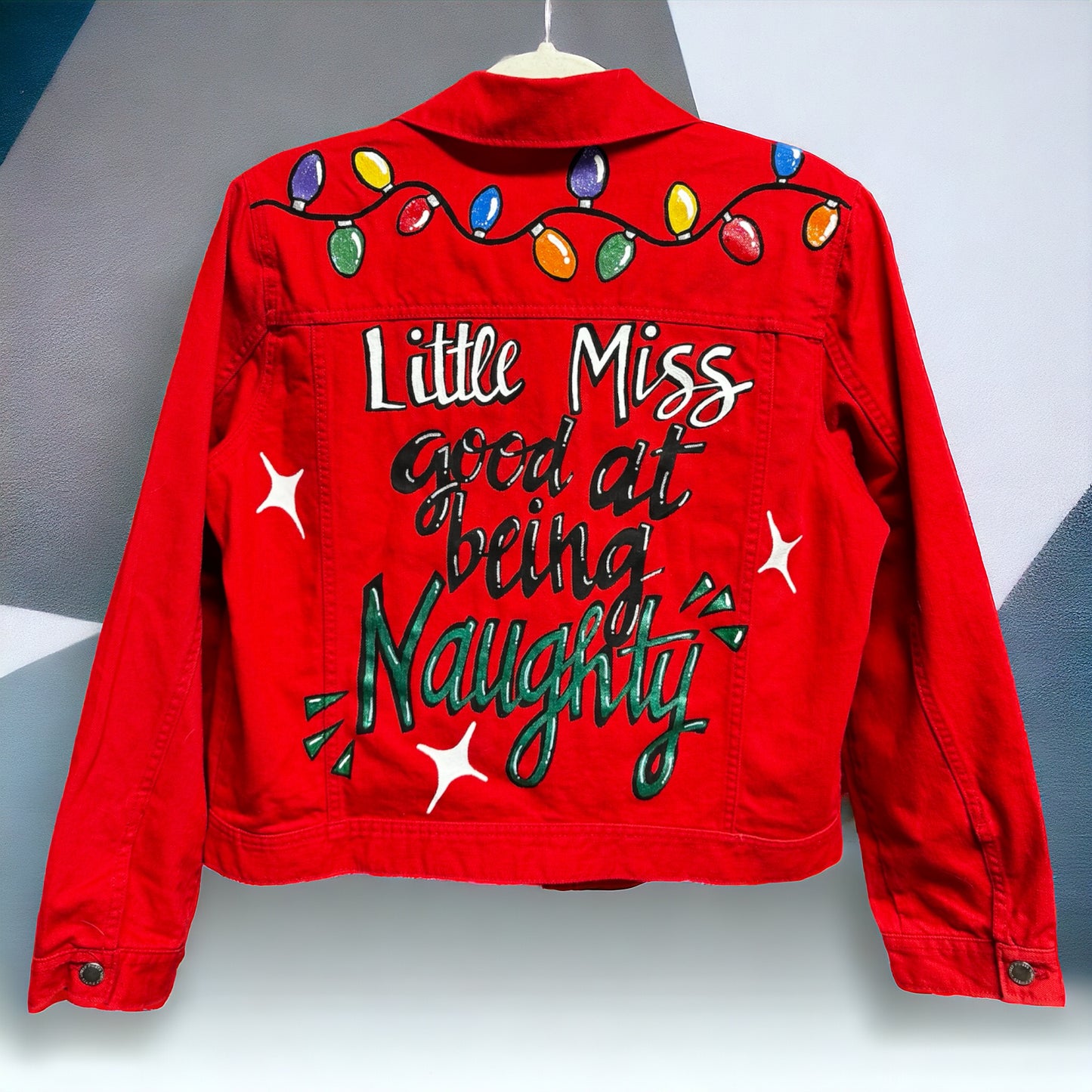 Hand Painted Jean Jacket: “Little Miss Good At Being Naughty”