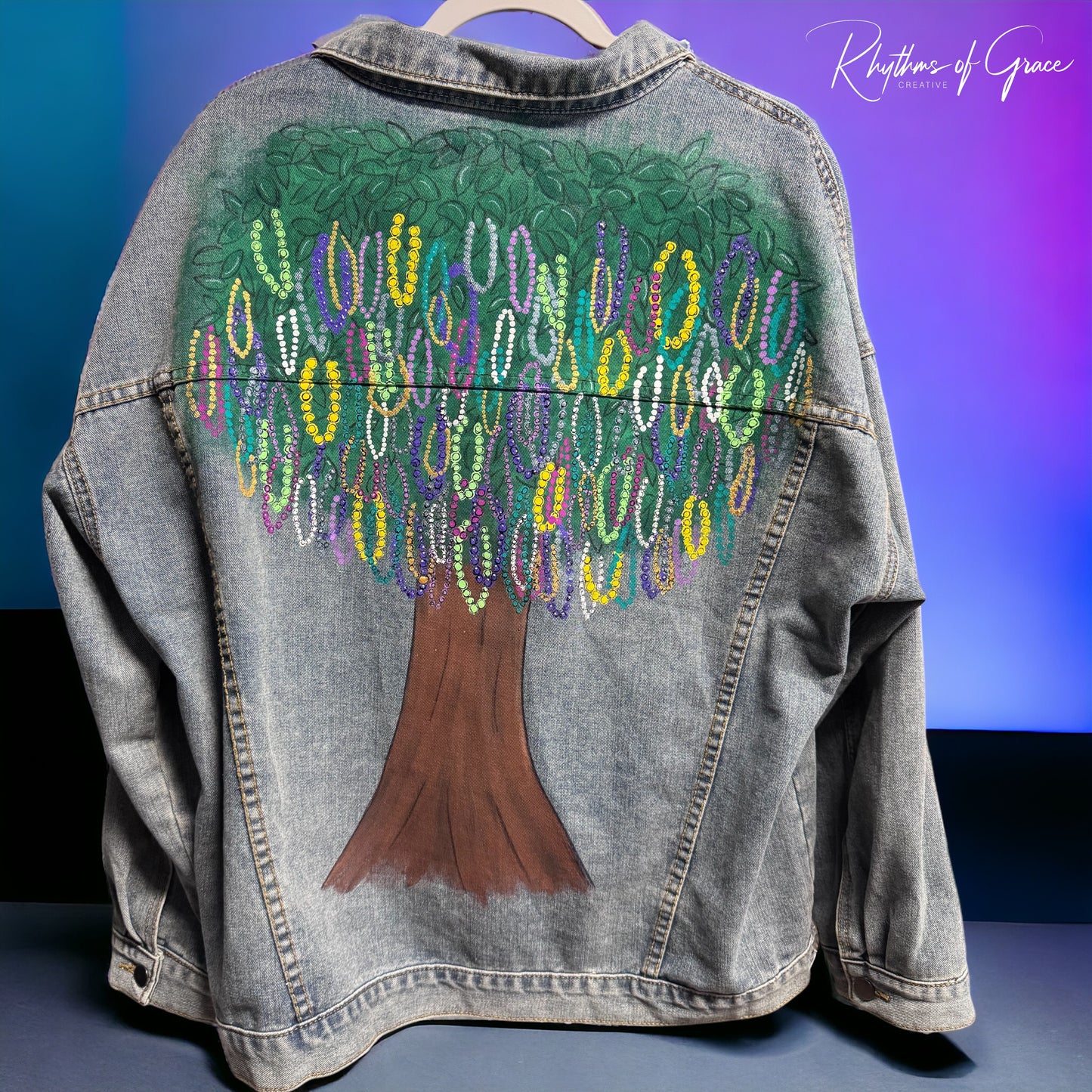 Hand Painted Jean Jacket: “Mardi Gras Bead Tree”