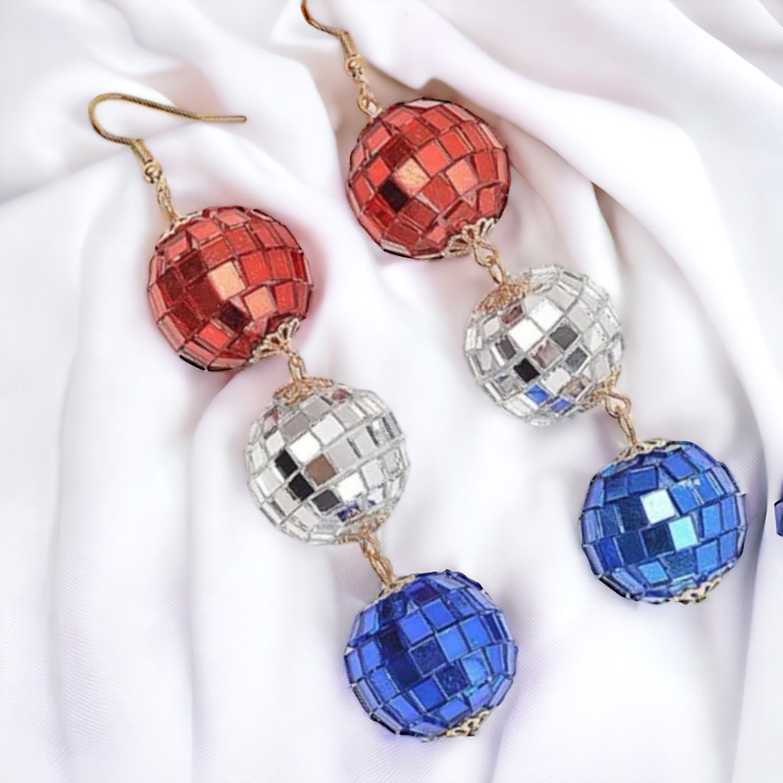 Patriotic Disco Ball Earrings - Fourth of July, Stars and Stripes, Red White and Blue
