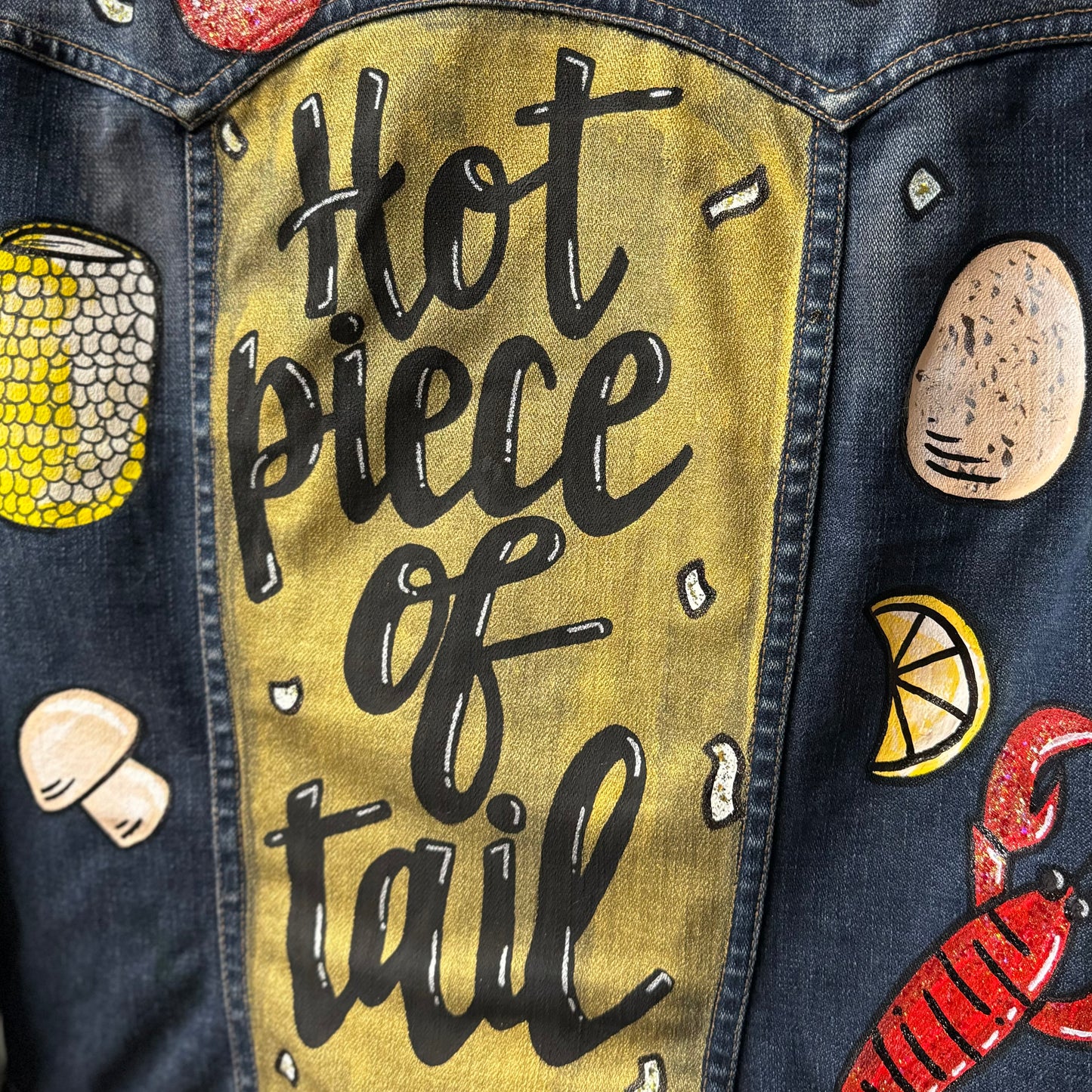 Hand Painted Jean Jacket: “Hot Piece of Tail” - Cajun Jacket, Crawfish, Mardi Gras, Mardi Gras Jacket, New Orleans, Purple Green Gold, Mardi Gras, Parade Outfit