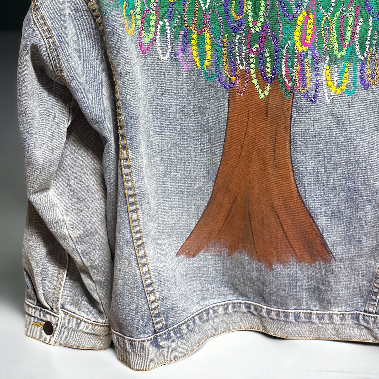 Hand Painted Jean Jacket: “Mardi Gras Bead Tree”