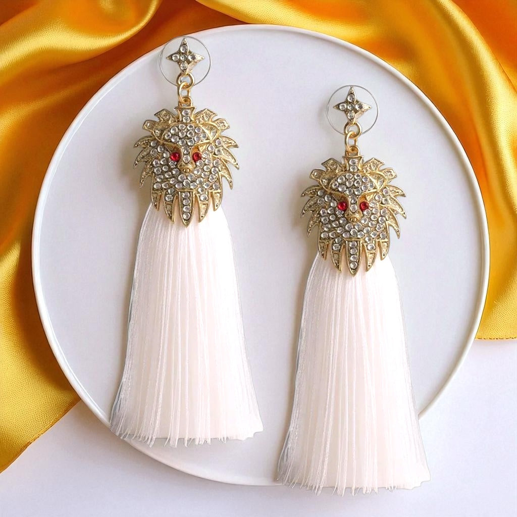 Rhinestone Lion Tassel Dangle Earrings - Available in Three Colors!