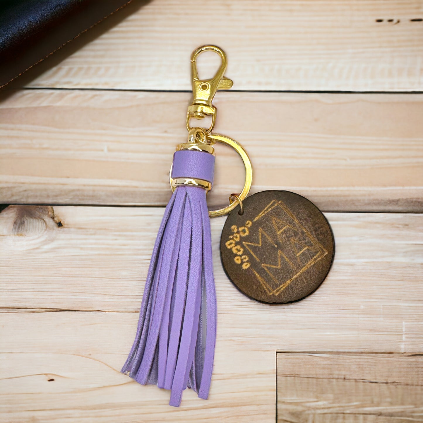 Rustic Wooden Mom Key Chain with Lavender Tassel