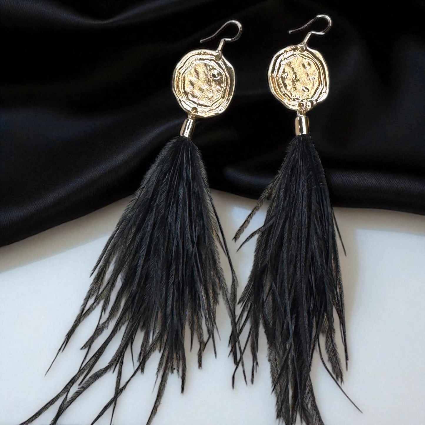 Boho Glam Vibes: Black Feather & Gold Charm Dangle Earrings – Lightweight, Bold & Beautiful!