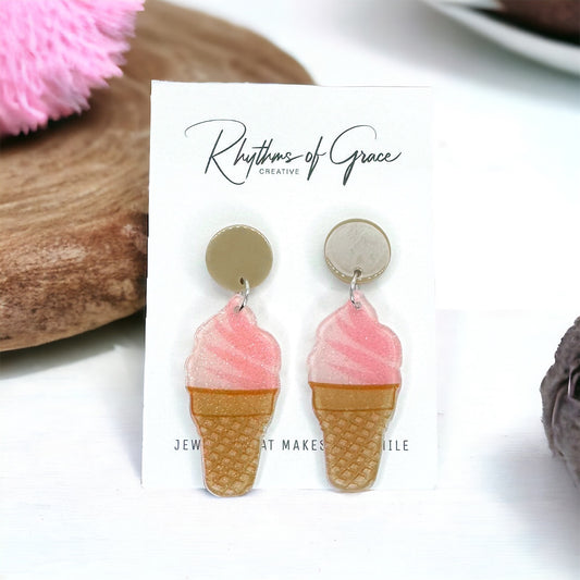 Ice Cream Earrings - Ice Cream Cone, Birthday Earrings, Handmade Jewelry, Ice Cream Jewelry, Food Earrings