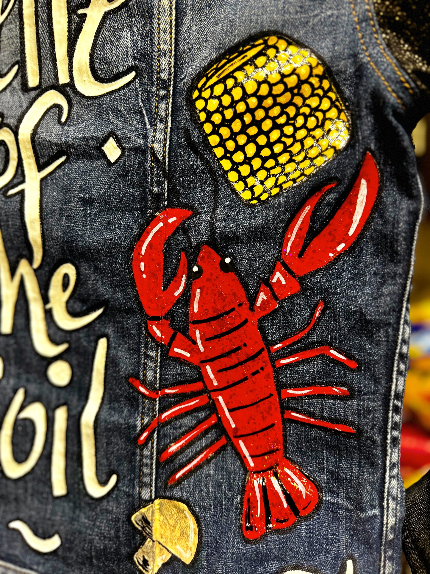 Hand Painted Jean Jacket: “Belle of the Boil” - Mardi Gras, Painted Jacket, New Orleans, Crawfish Boil, Easter Jacket, Belle of the Boil, Mudbug