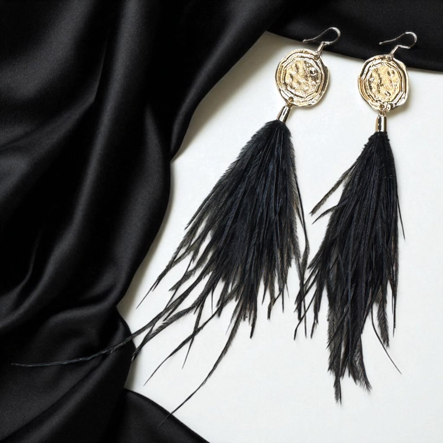 Boho Glam Vibes: Black Feather & Gold Charm Dangle Earrings – Lightweight, Bold & Beautiful!