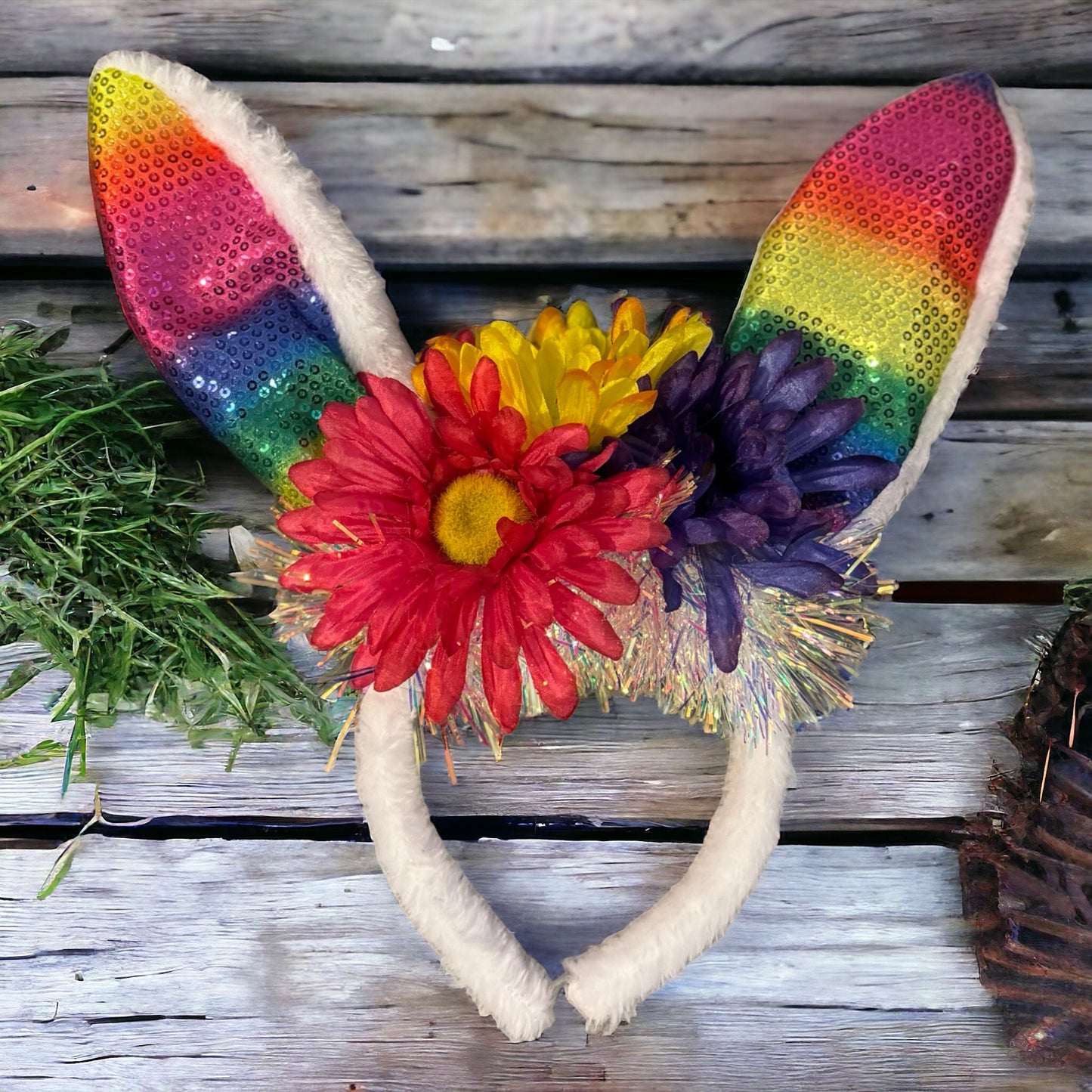 Rainbow Easter Bunny Ears - Rabbit Ears, Handmade Headpiece, Easter Headpiece, Feather Headband, Easter Headband