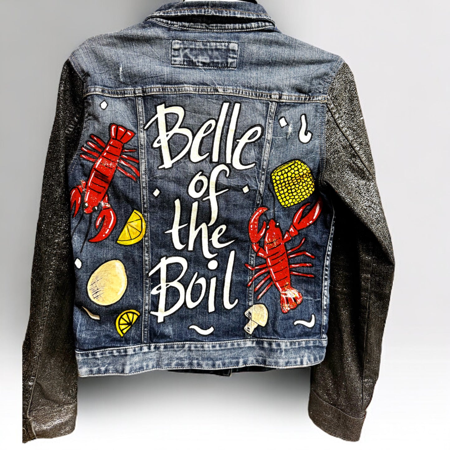 Hand Painted Jean Jacket: “Belle of the Boil” - Mardi Gras, Painted Jacket, New Orleans, Crawfish Boil, Easter Jacket, Belle of the Boil, Mudbug