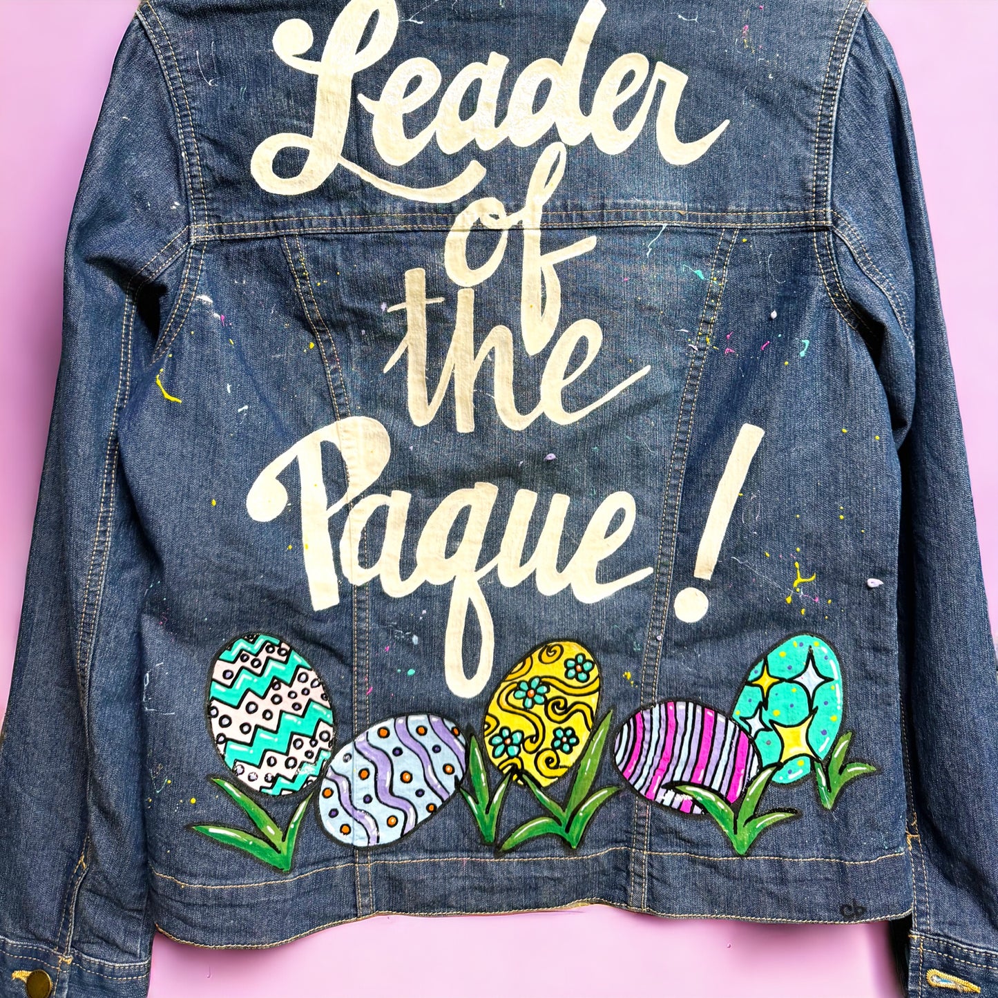 Hand Painted Jean Jacket: “Leader of the Paque”  - Cajun Jacket, Easter Jacket, New Orleans, Happy Easter, Egg Paqueing