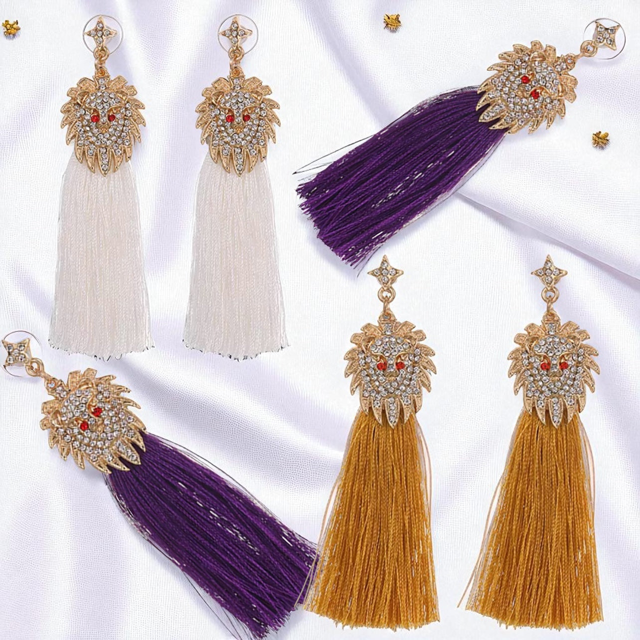 Rhinestone Lion Tassel Dangle Earrings - Available in Three Colors!