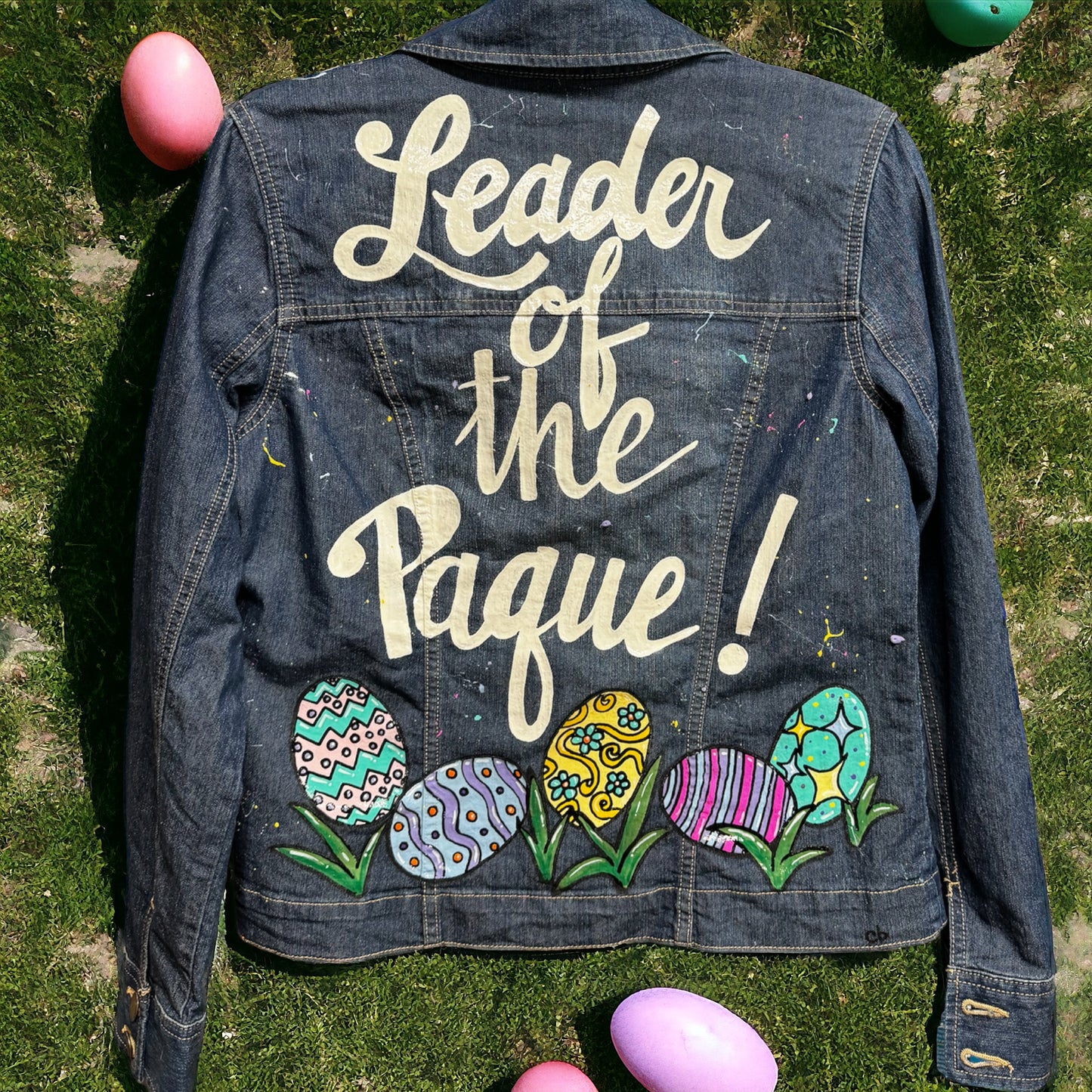 Hand Painted Jean Jacket: “Leader of the Paque”  - Cajun Jacket, Easter Jacket, New Orleans, Happy Easter, Egg Paqueing