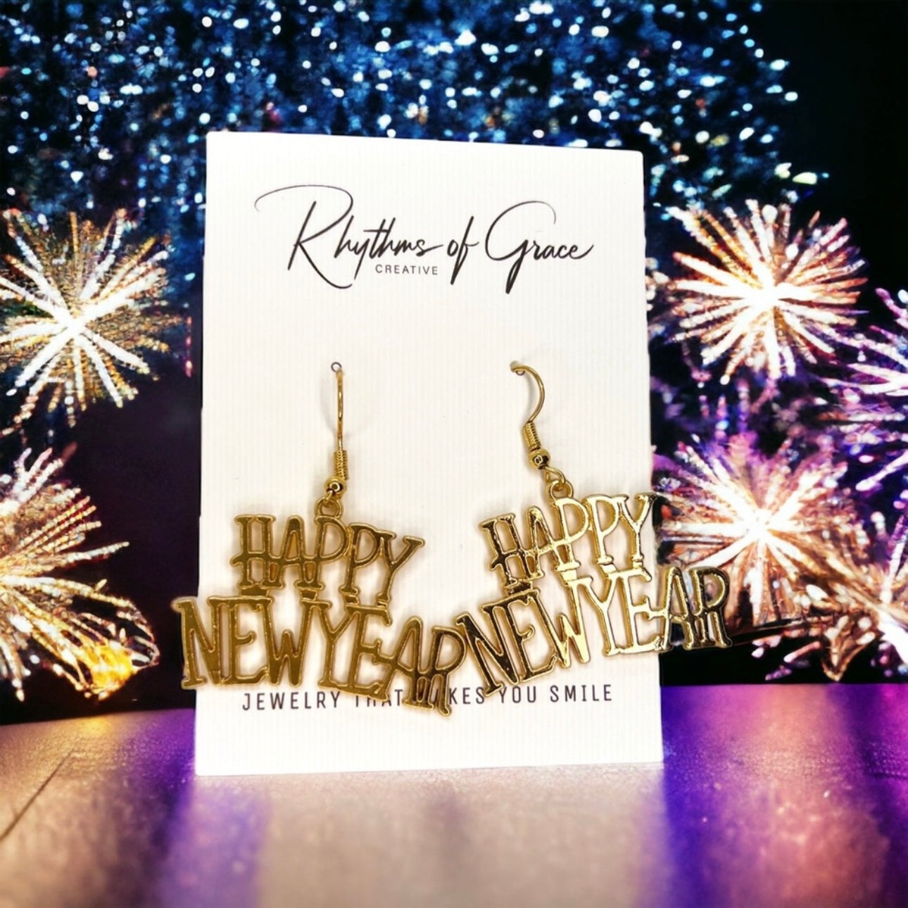 Gold Dangle Happy New Year Dangle Earrings - Celebrate in Style! - Rhythms of Grace Creative