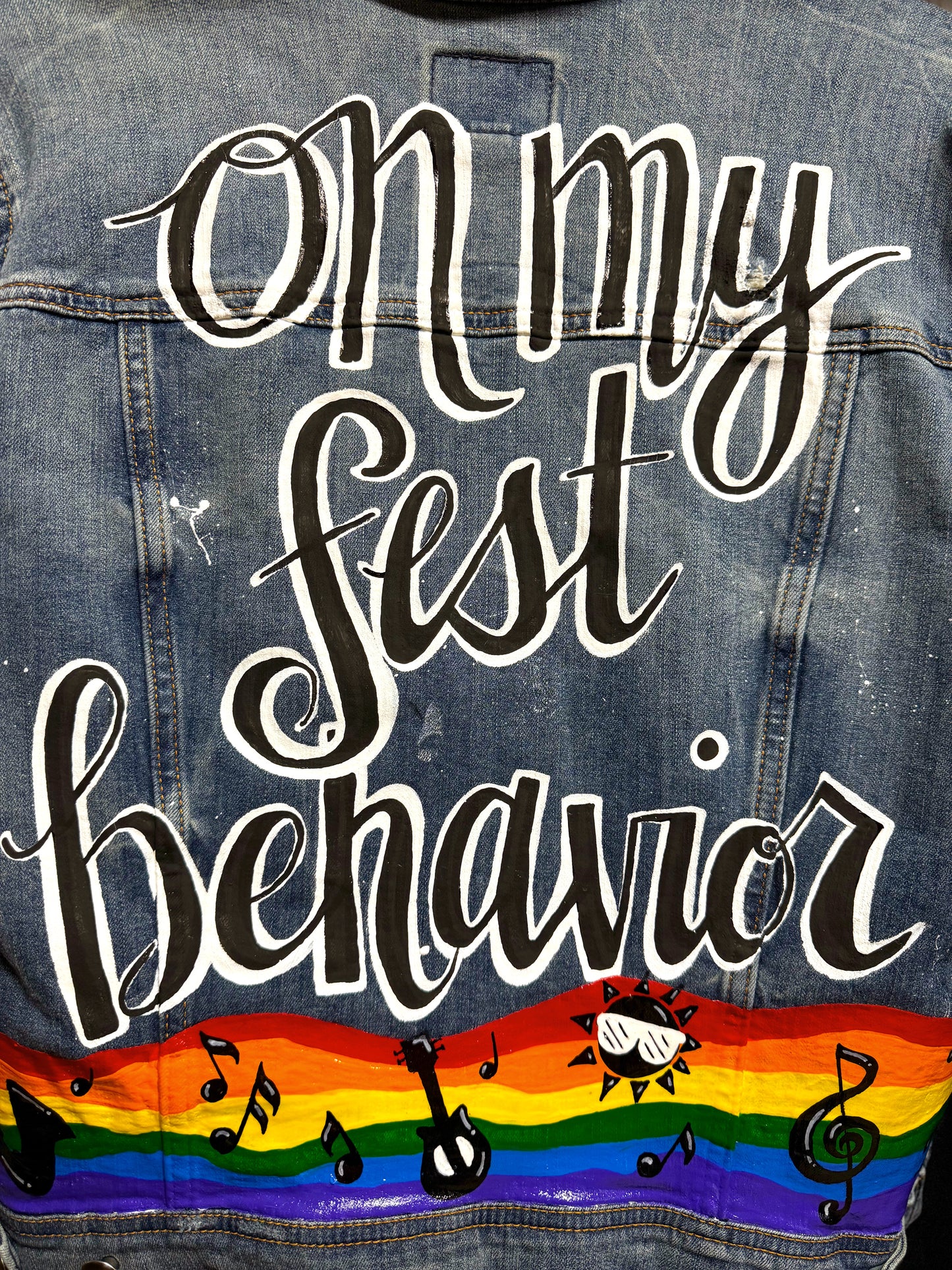 Hand Painted Jean Jacket: “On My Fest Behavior”, Jazz Fest, Festival, Hand Painted, Music Concert, Rainbow Jacket