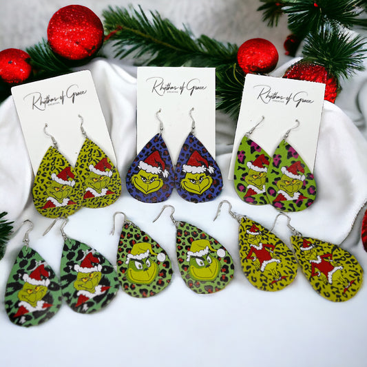 Mean One Earrings - Santa Hat, Christmas Earrings, Christmas Jewelry, Christmas Jewelry, Handmade Earrings, Green Earrings