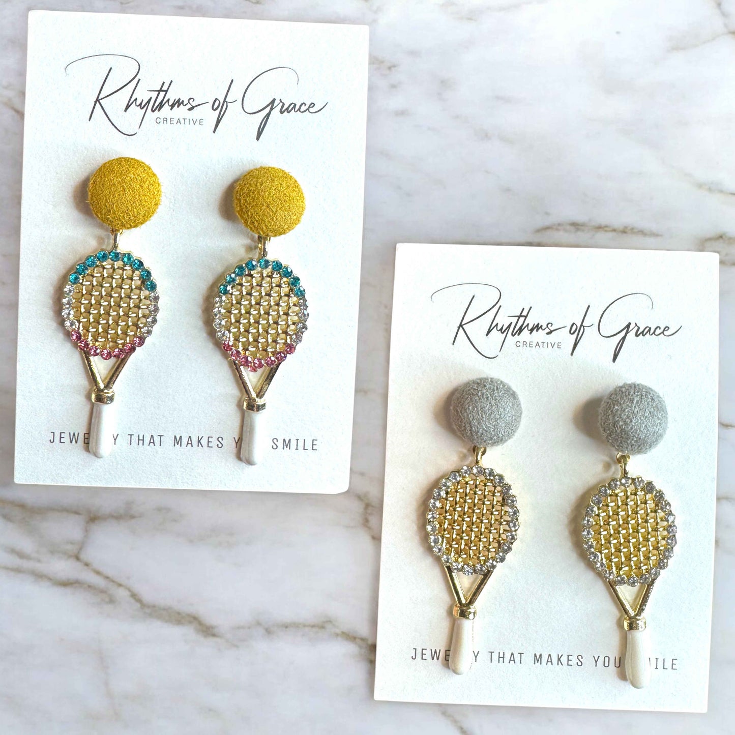 Sparkle on the Court with Our Rhinestone Tennis Racket Dangle Earrings! 🎾