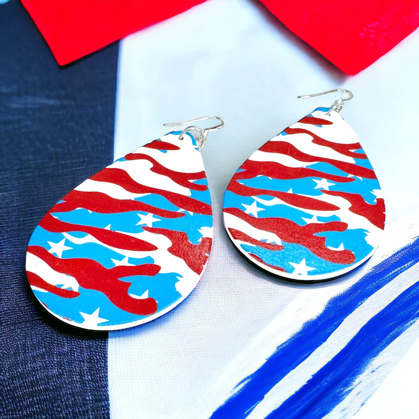 Show Your Patriotic Pride with Our Oversized Patriotic Camo Dangle Earrings!