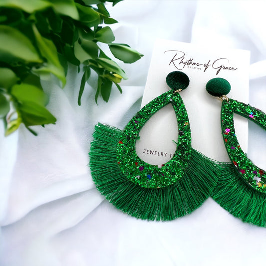 Green Tassel Earrings - Rhinestone Accessories, Green Earrings, St. Patrick's Day, Luck Accessories, Green Glitter