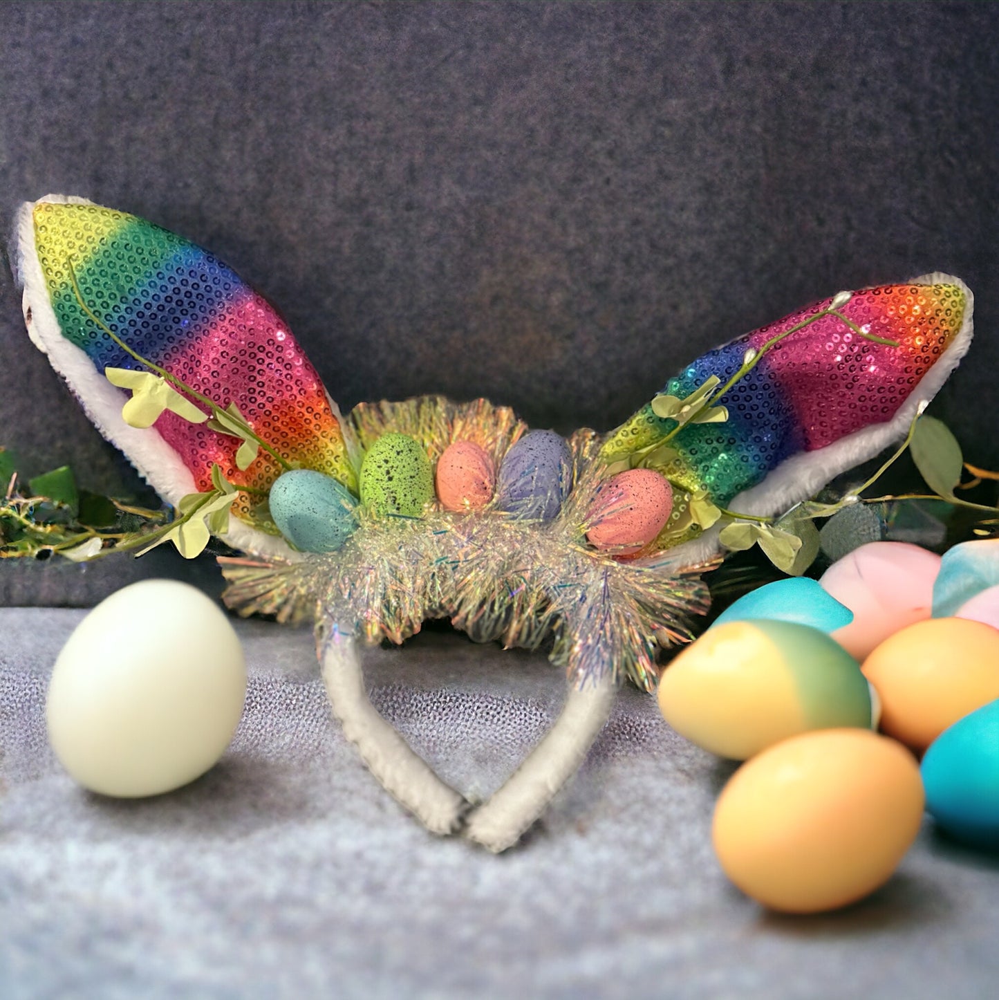 Rainbow Easter Bunny Ears - Rabbit Ears, Handmade Headpiece, Easter Headpiece, Feather Headband, Easter Headband