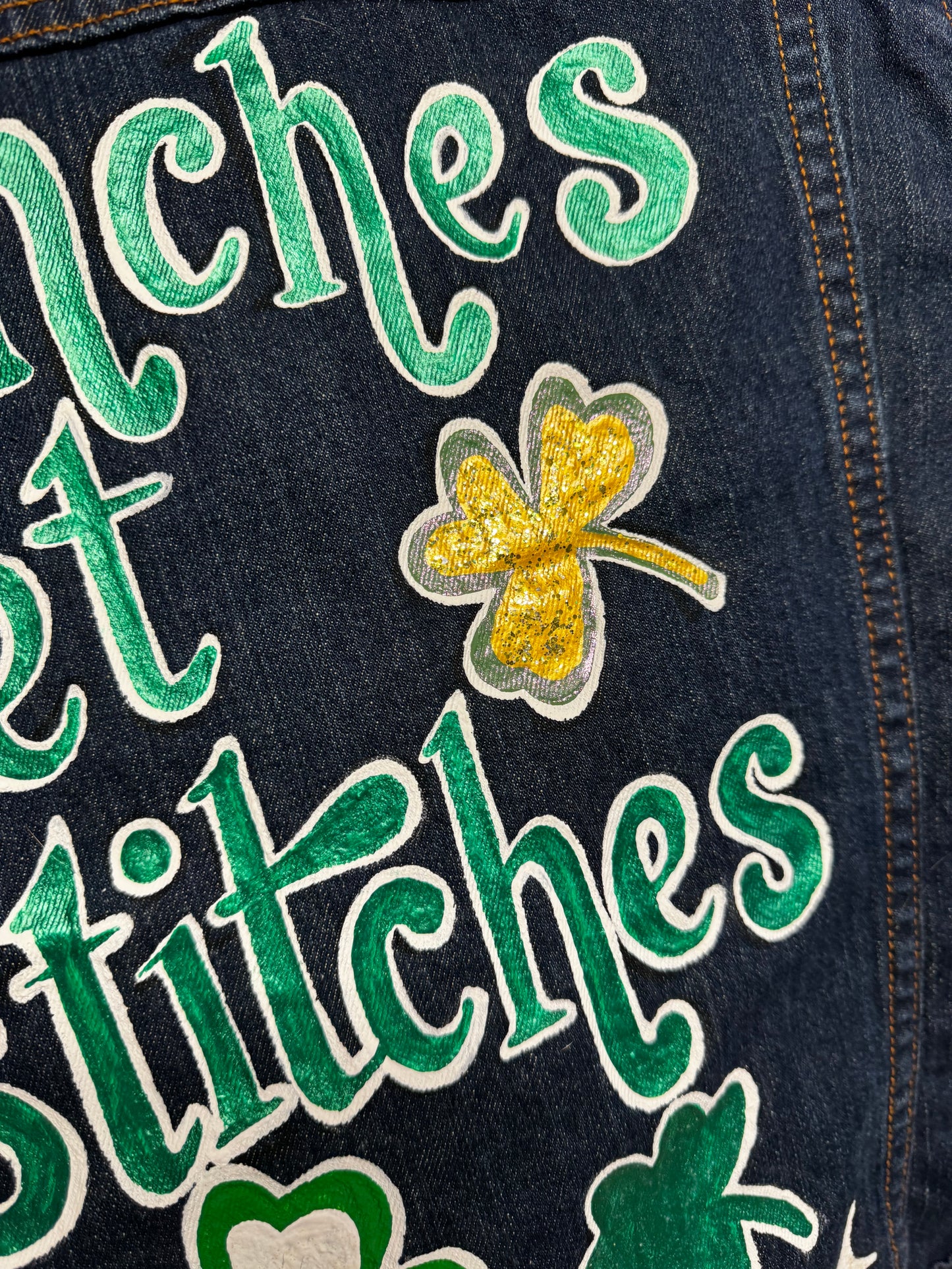Hand Painted Jean Jacket: “Pinches Get Stitches”, St Patrick’s Day Jacket, Hand Painted, Shamrock