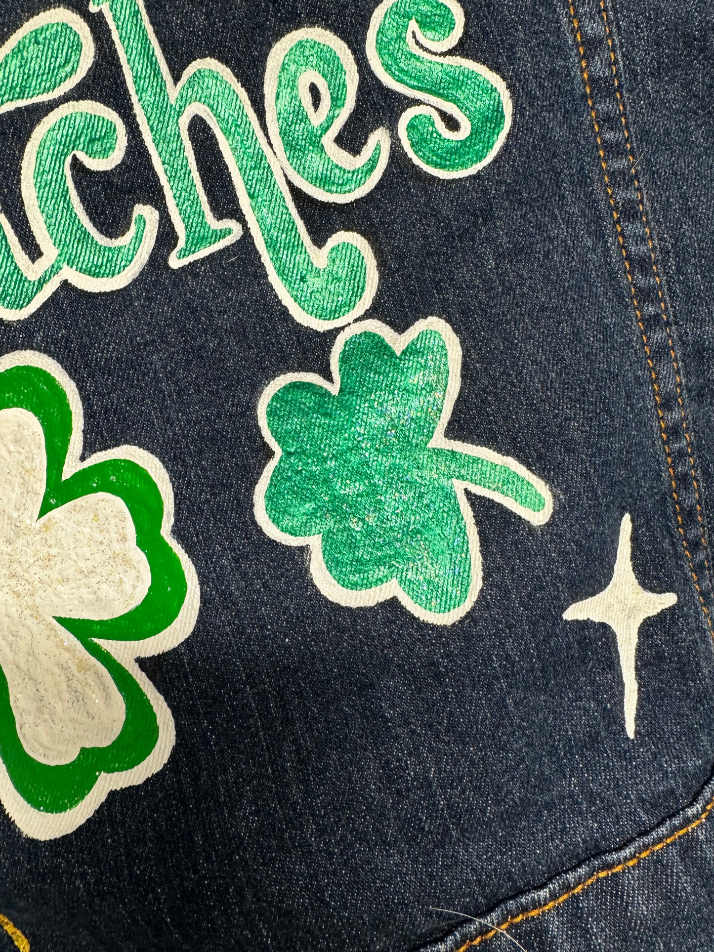 Hand Painted Jean Jacket: “Pinches Get Stitches”, St Patrick’s Day Jacket, Hand Painted, Shamrock