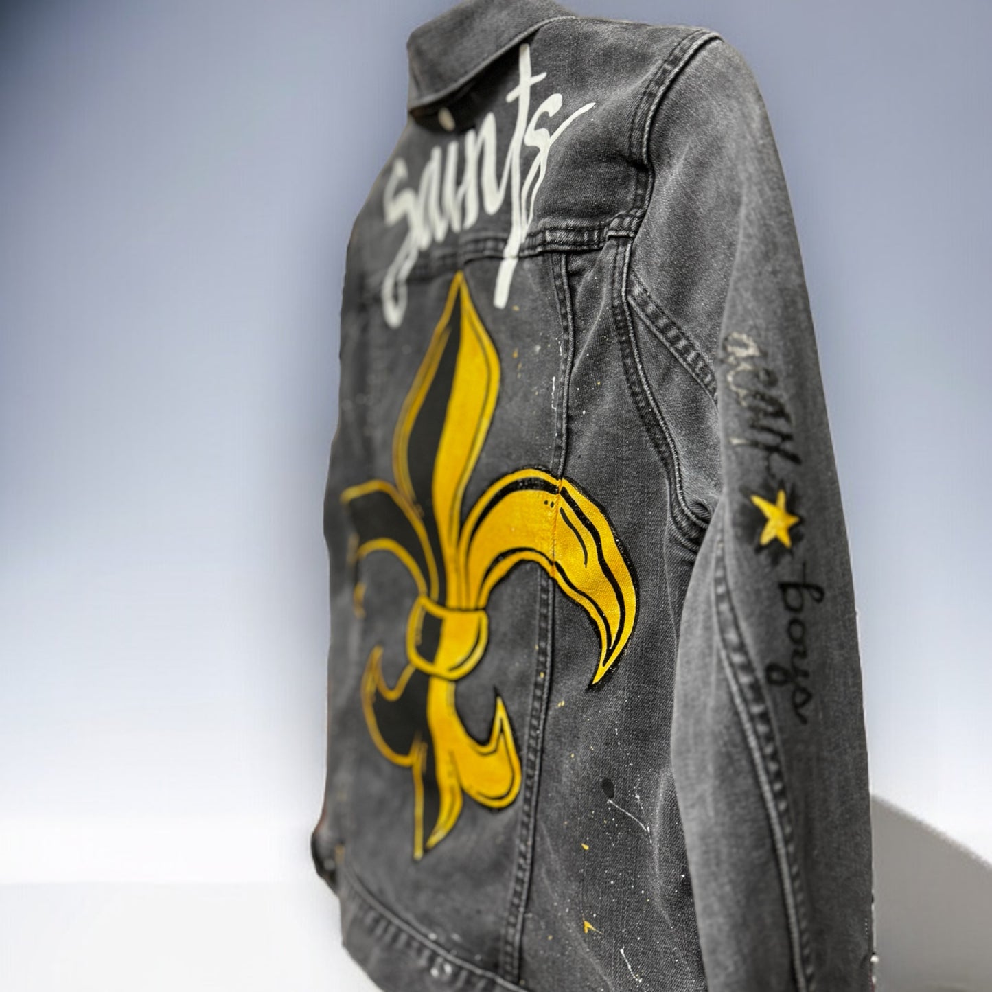 Hand Painted Jean Jacket:”Saints”, New Orleans Jacket, Hand Painted, NOLA Saints, Louisiana