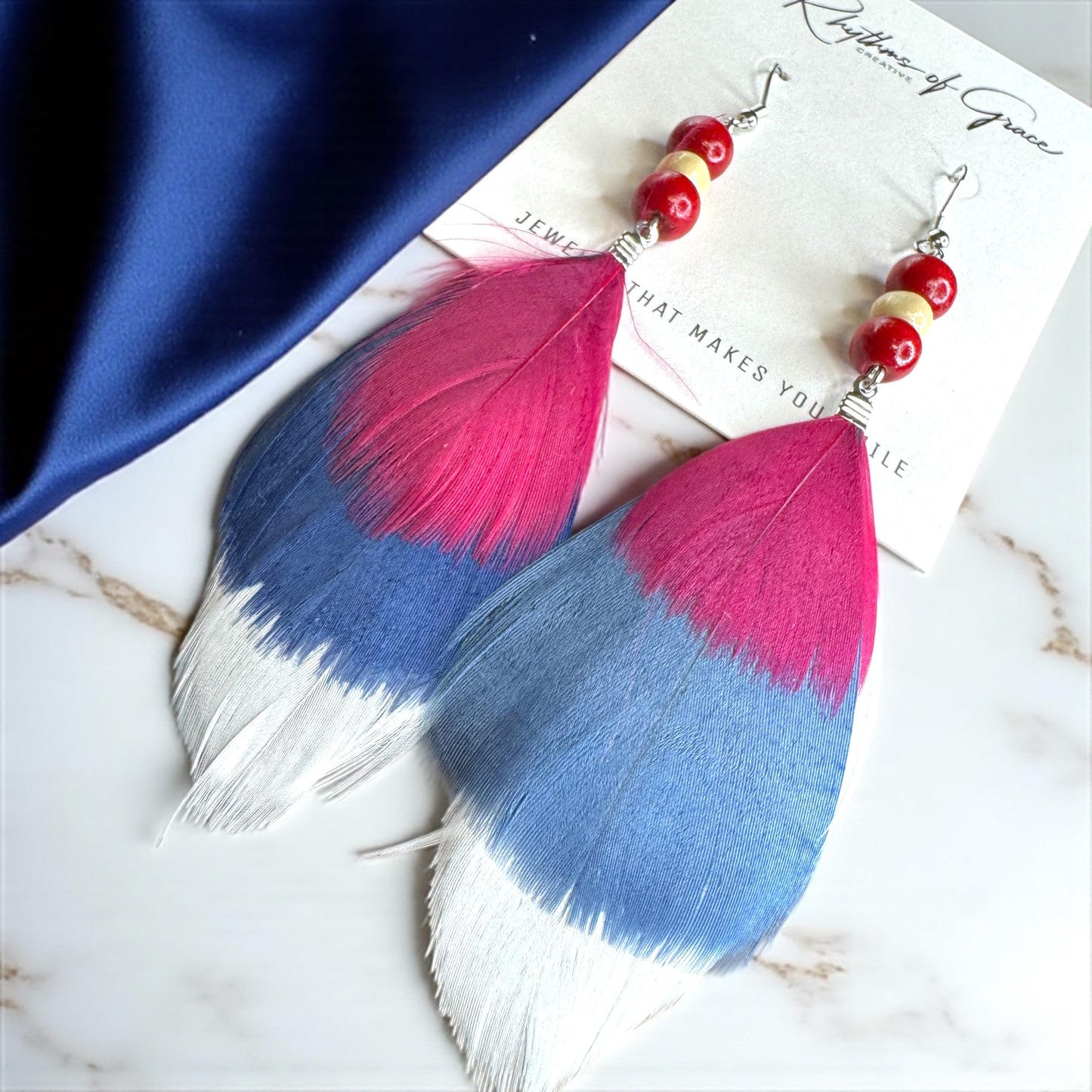 Boho Chic Red, White & Blue Feathered Dangle Earrings