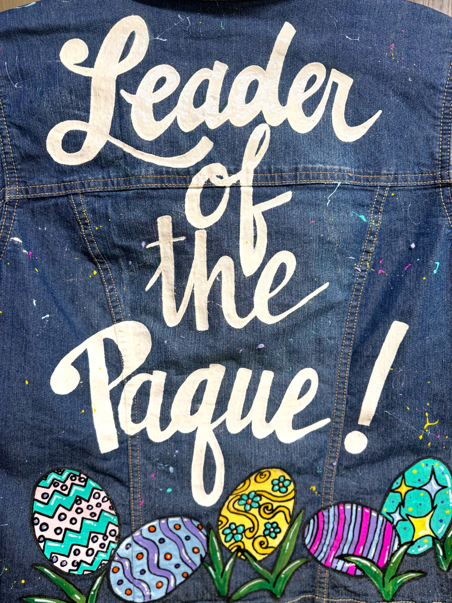 Hand Painted Jean Jacket: “Leader of the Paque”  - Cajun Jacket, Easter Jacket, New Orleans, Happy Easter, Egg Paqueing
