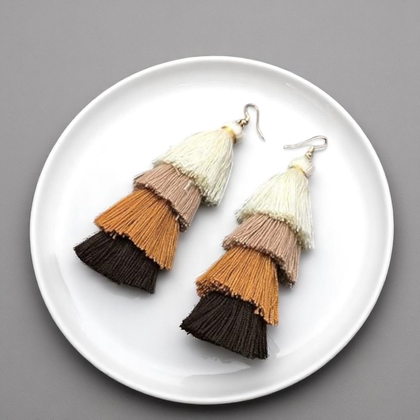 Boho Babe Alert! Tiered Tassel Earrings - Neutral Chic