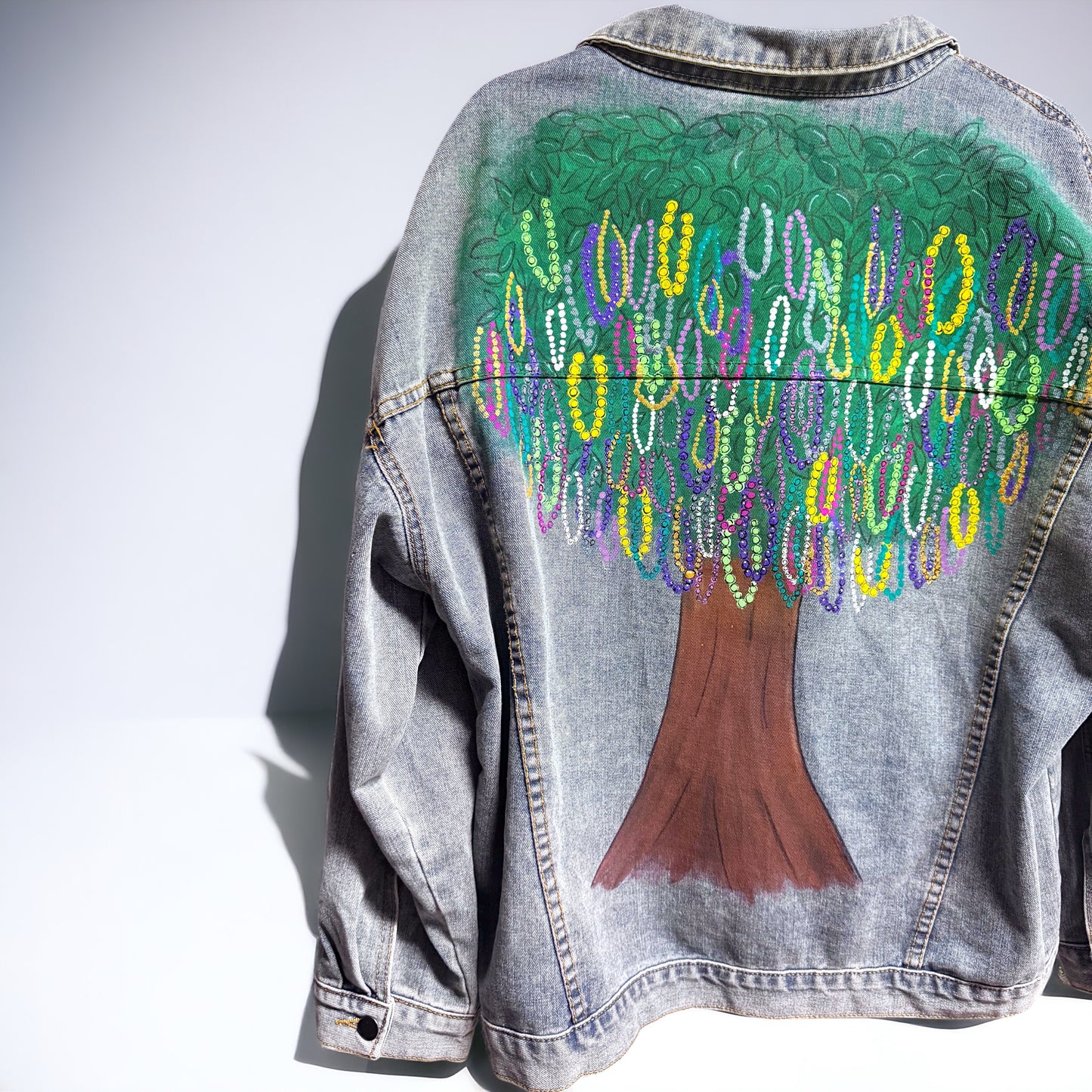 Hand Painted Jean Jacket: “Mardi Gras Bead Tree”
