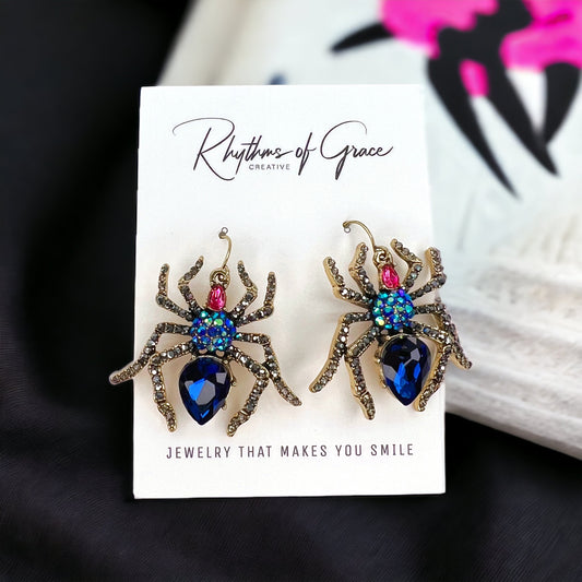 Spider Earrings - Halloween Earrings, Spider Accessories, Halloween Costume, Black Widow, Jeweled Spider - Rhythms of Grace Creative