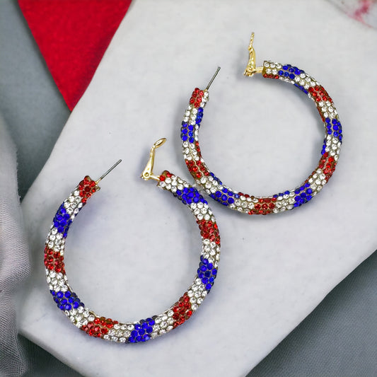 Sparkling Rhinestone Patriotic Hoop Earrings - Red, White, & Blue