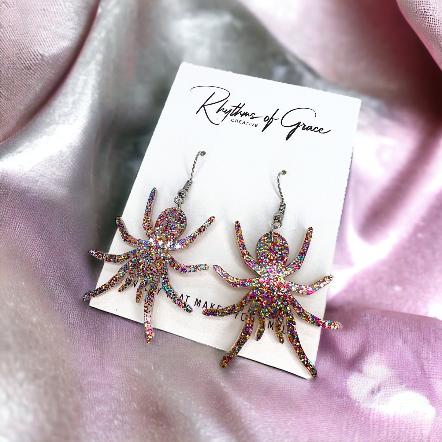 Pink Glitter Spider Earrings - Halloween Earrings, Halloween Accessories , Spoder Accessories, Halloween Costume, Halloween Teacher - Rhythms of Grace Creative