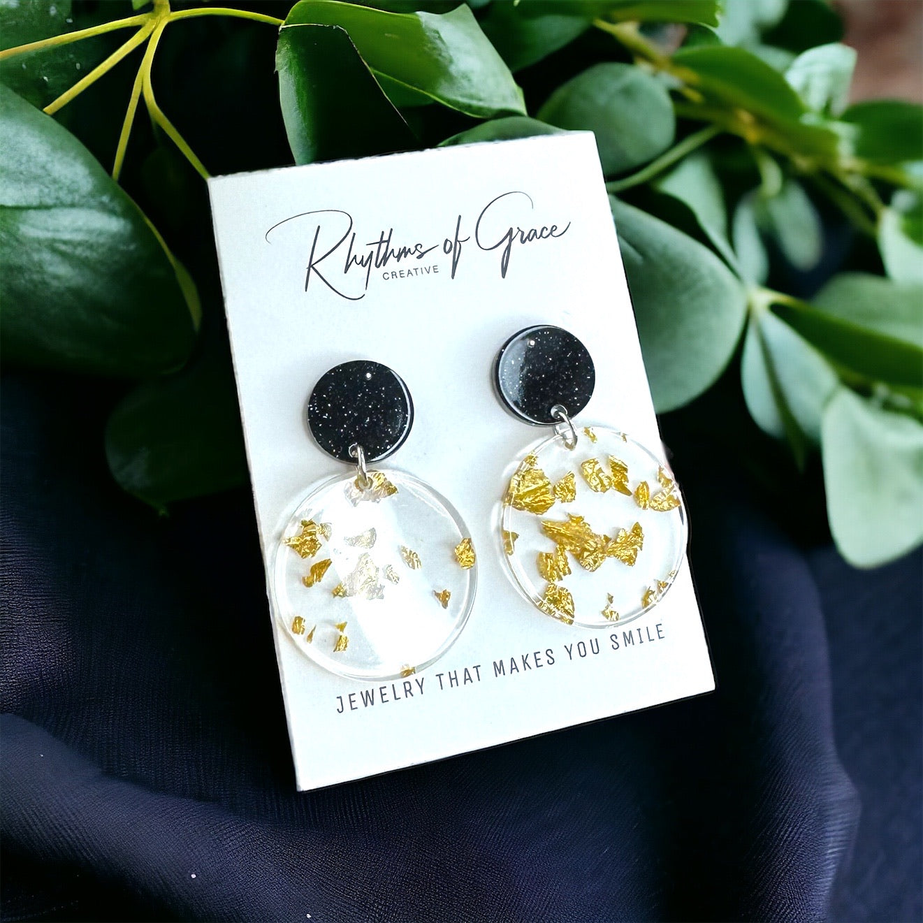 Elegant Gold and Black Acrylic Earrings with Gold Leaf Flecks - Stainless Steel Posts