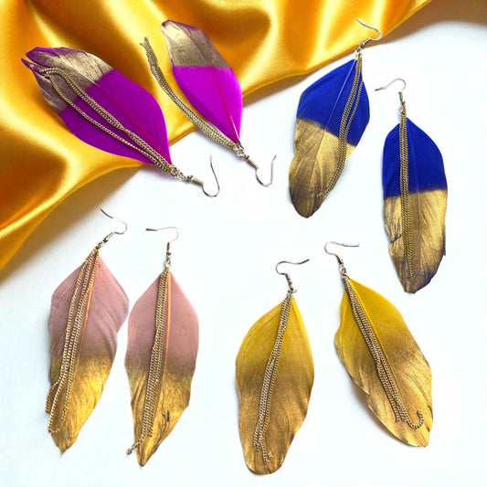 Gold Dipped Feather Earrings: Dance Into the Festivity!