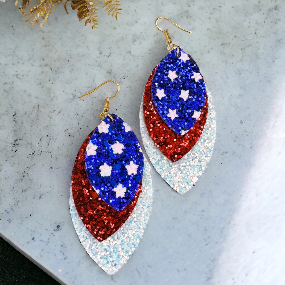 Patriotic Glitter Dangle Earrings - Triple Layer Sparkle