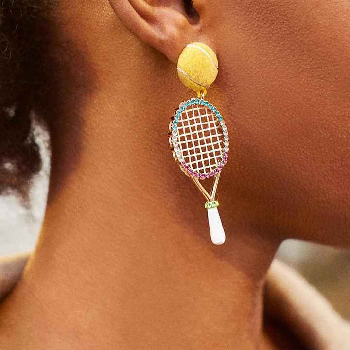 Sparkle on the Court with Our Rhinestone Tennis Racket Dangle Earrings! 🎾