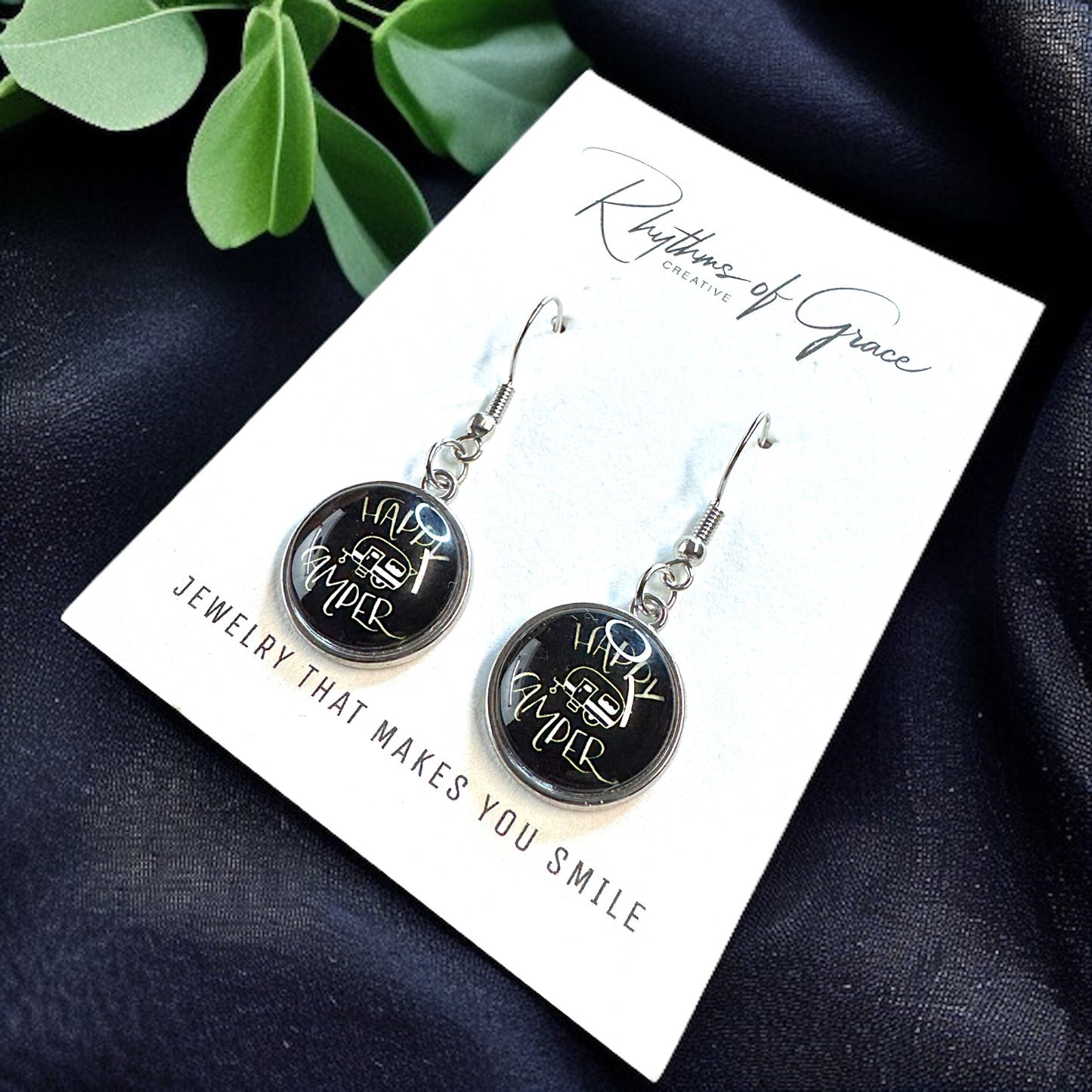 Embrace the Journey with "Happy Camper" Cabochon Dangle Earrings
