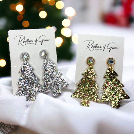 Sparkling Christmas Tree Earrings - Dazzle Your Holidays with Glittery Cheer!