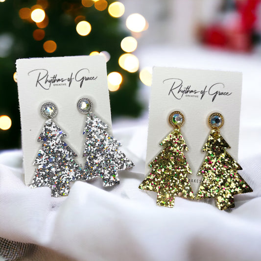 Glitter Christmas Tree Earrings - Christmas Earrings, Rhinestone Christmas, Christmas Jewelry, Christmas Jewelry, Handmade Earrings, Glitter Trees
