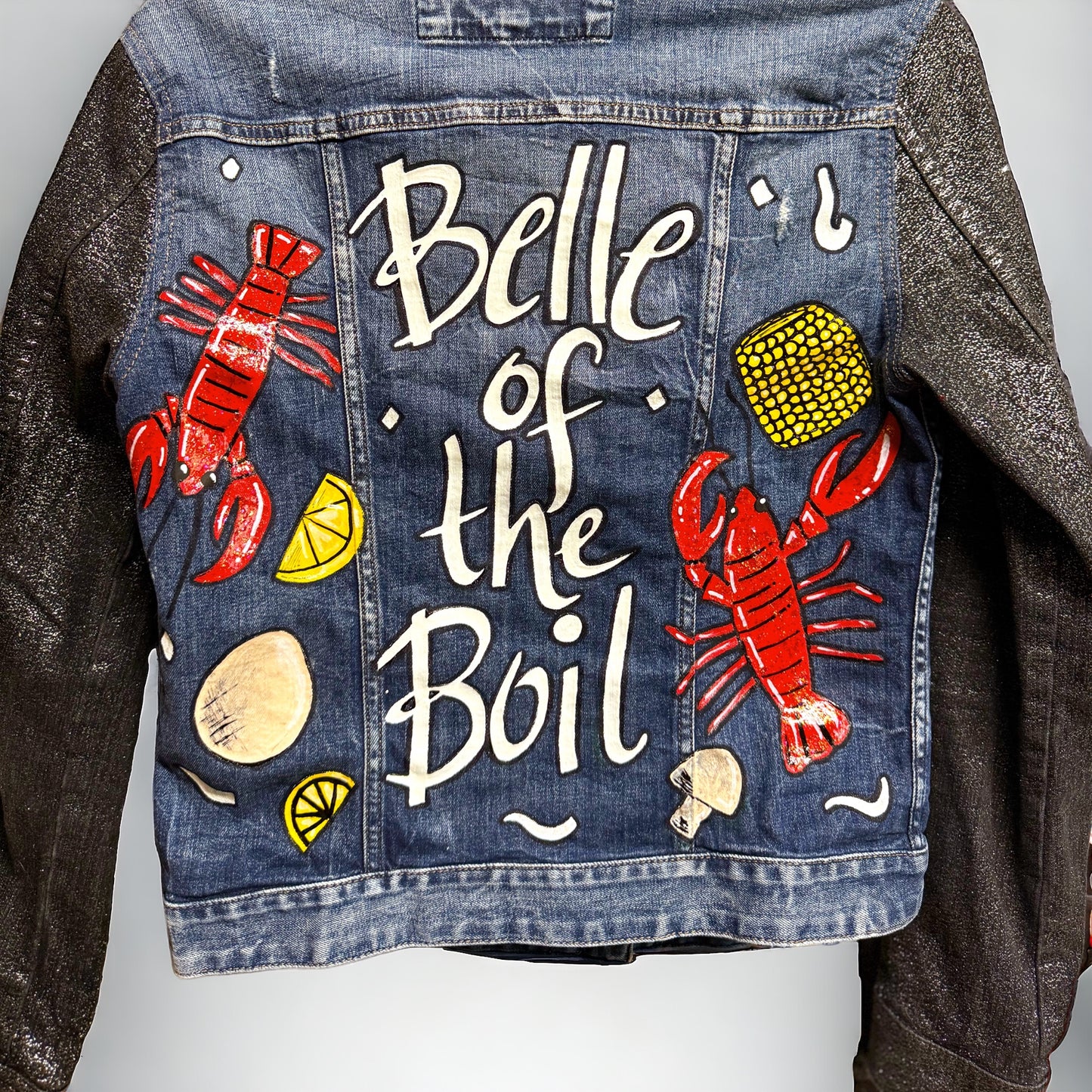 Hand Painted Jean Jacket: “Belle of the Boil” - Mardi Gras, Painted Jacket, New Orleans, Crawfish Boil, Easter Jacket, Belle of the Boil, Mudbug