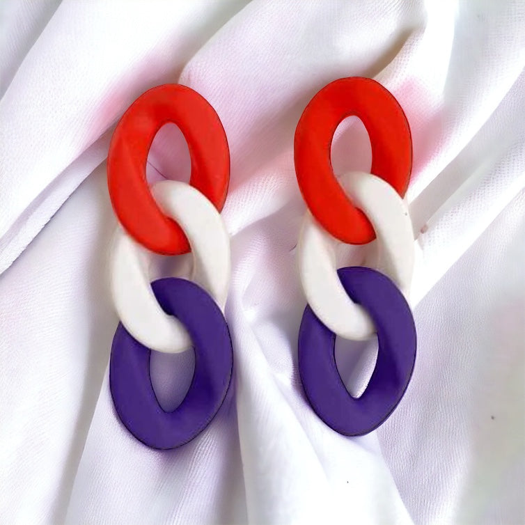 Vibrant Red, White, and Blue Chain Dangle Earrings - Statement Jewelry