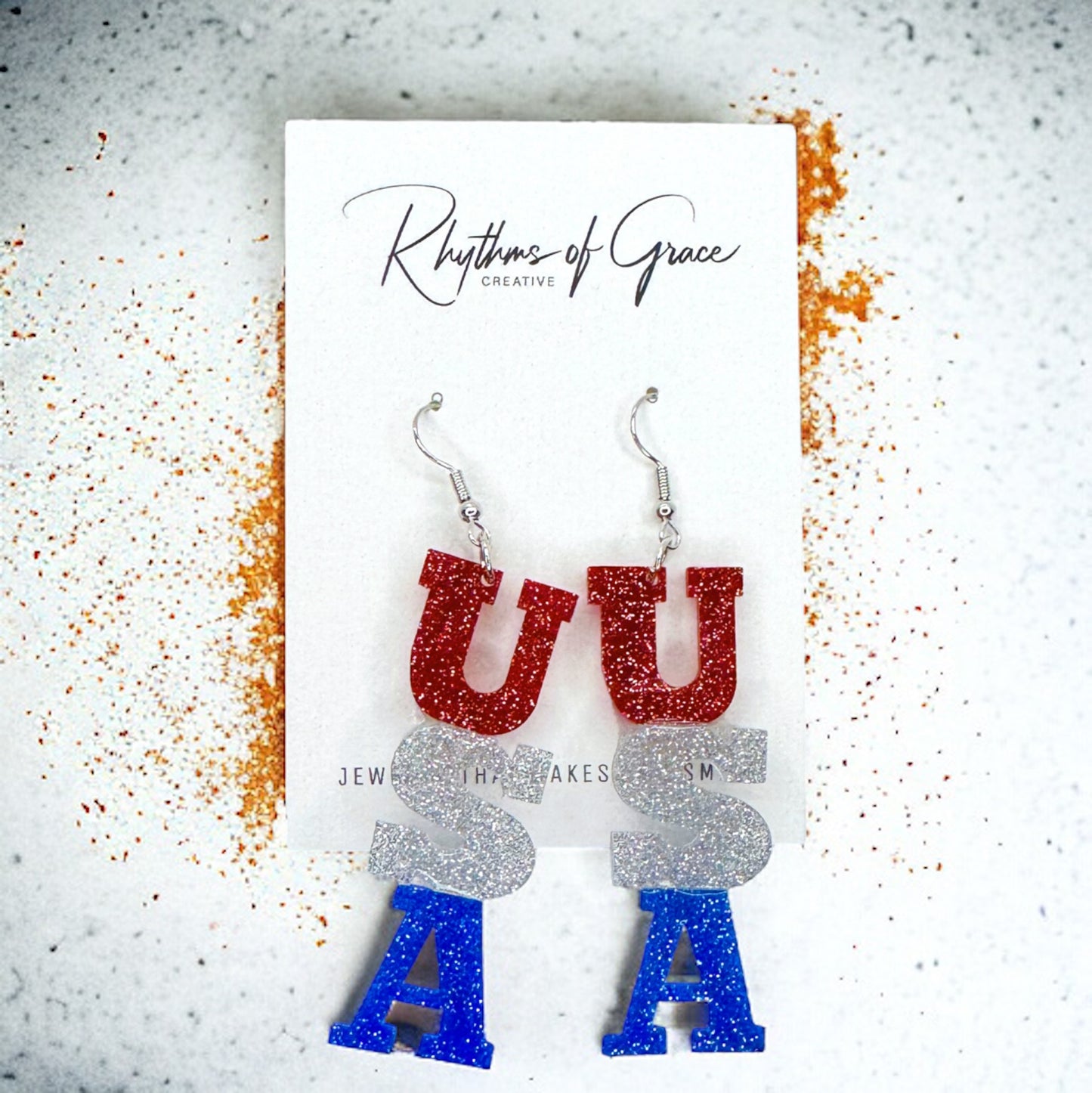 Sparkling USA Glitter Acrylic Dangle Earrings - Patriotic Statement Jewelry